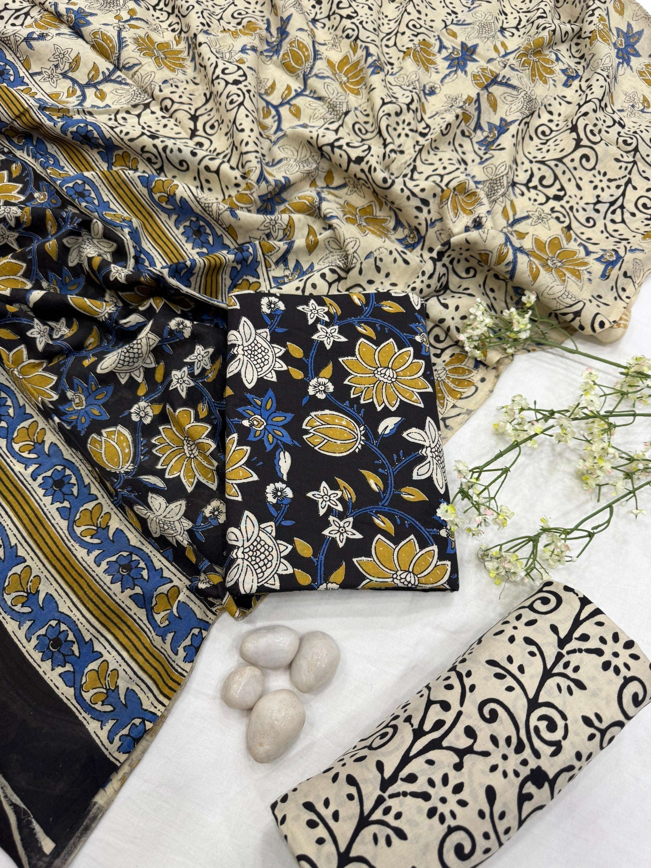 Wholesale Black Flower Print Cotton Mul Dress Material – Handcrafted by Rajasthan Block Printers for Designers, Boutiques, and Bulk Orders